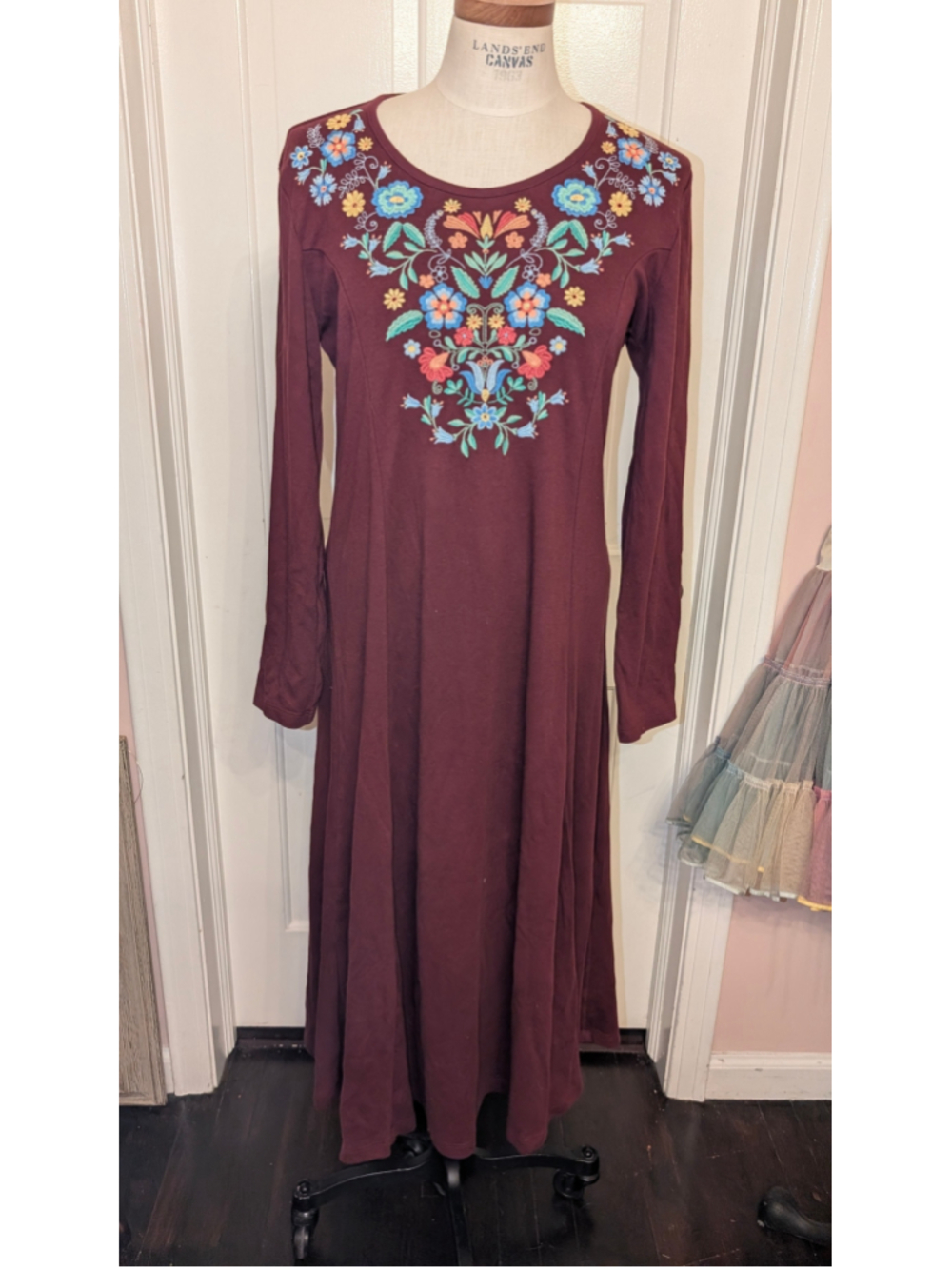 Blair Bohemian Burgundy Long Sleeve Embroidered Floral Dress Size M